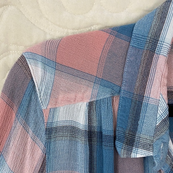 Northern Reflections Plaid Shirt in Blue and Pink with Roll Tab Sleeves - Picture 5 of 9